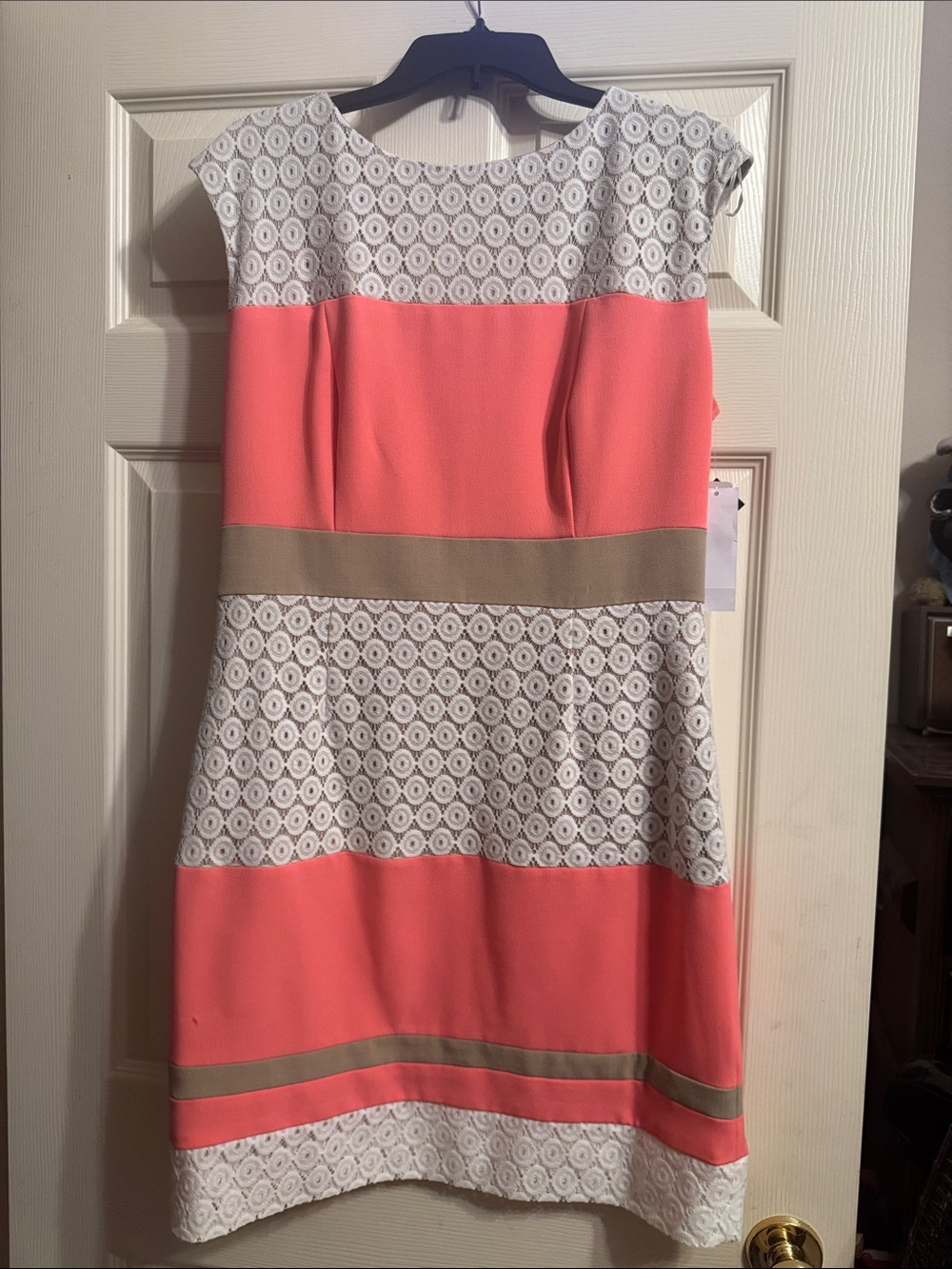 Coral and Cream Lace-Trim Blocked Midi Dress